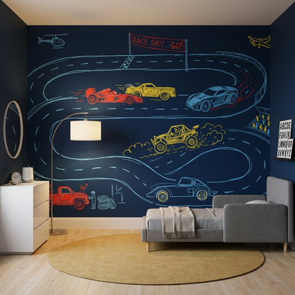 Racetrack Wallpaper Race Cars Chalkboard Sketch Removable Wall Decor