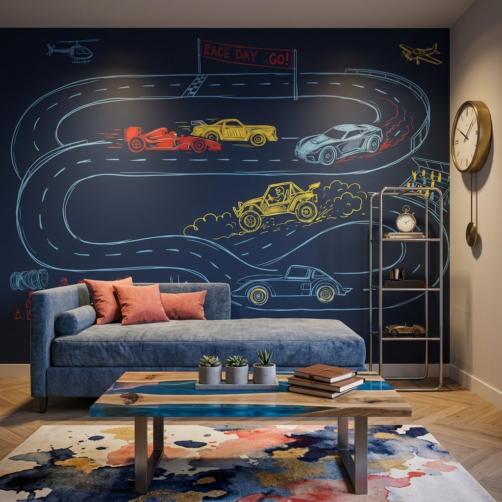 Racetrack Wallpaper Race Cars Chalkboard Sketch Removable Wall Decor