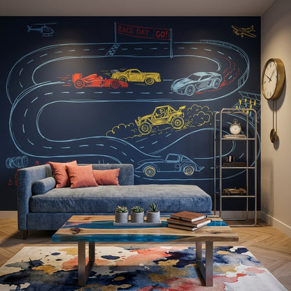 Racetrack Wallpaper Race Cars Chalkboard Sketch Removable Wall Decor