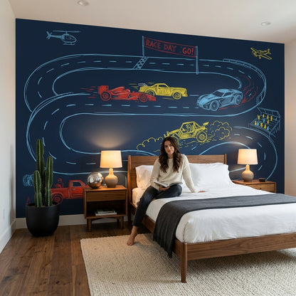 Racetrack Wallpaper Race Cars Chalkboard Sketch Removable Wall Decor