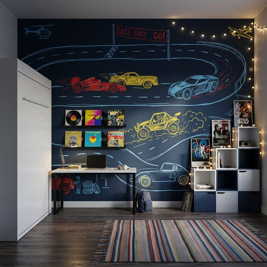Racetrack Wallpaper Race Cars Chalkboard Sketch Removable Wall Decor