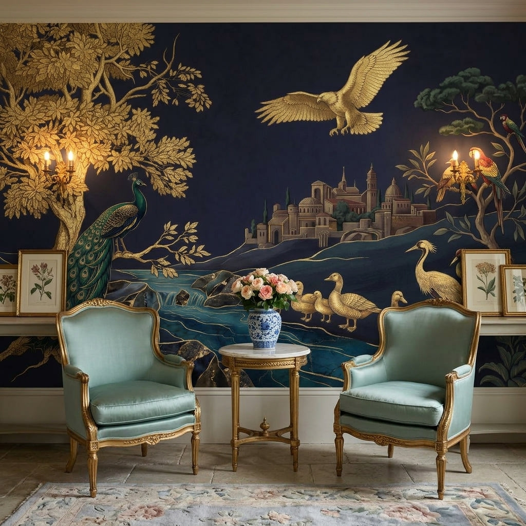 Ornate Landscape Mural Wallpaper Dark Navy Background Gold Foil Removable Wall Decor