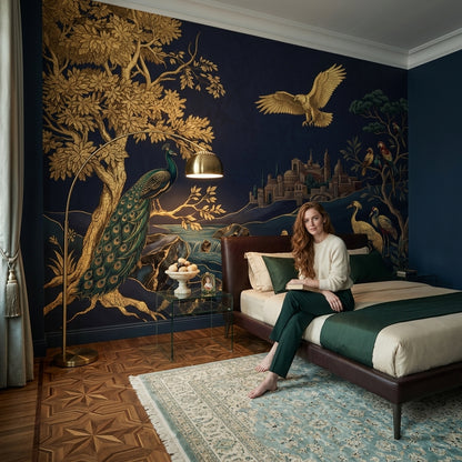 Ornate Landscape Mural Wallpaper Dark Navy Background Gold Foil Removable Wall Decor