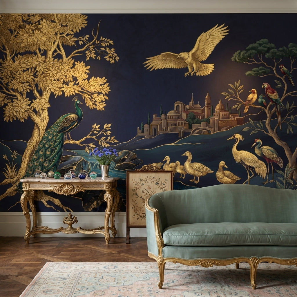 Ornate Landscape Mural Wallpaper Dark Navy Background Gold Foil Removable Wall Decor