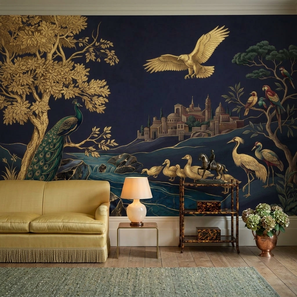 Ornate Landscape Mural Wallpaper Dark Navy Background Gold Foil Removable Wall Decor