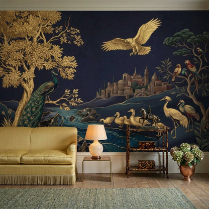 Ornate Landscape Mural Wallpaper Dark Navy Background Gold Foil Removable Wall Decor