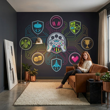 Gaming Wallpaper Neon Circuits Removable Futuristic Wall Decor