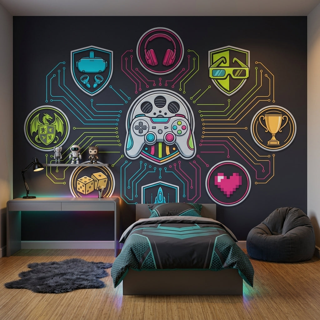 Gaming Wallpaper Neon Circuits Removable Futuristic Wall Decor