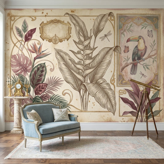 Vintage Botanical Wallpaper Tropical Leaves Removable Toucan Wall Decor