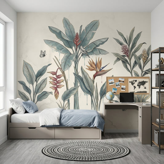 Tropical Botanical Wallpaper Watercolor Illustration Banana Leaves Wall Mural