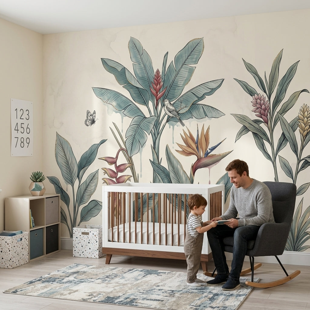 Tropical Botanical Wallpaper Watercolor Illustration Banana Leaves Wall Mural