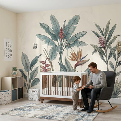 Tropical Botanical Wallpaper Watercolor Illustration Banana Leaves Wall Mural
