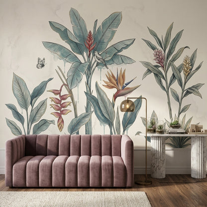 Tropical Botanical Wallpaper Watercolor Illustration Banana Leaves Wall Mural
