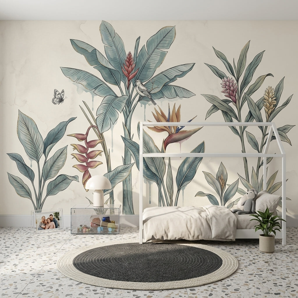 Tropical Botanical Wallpaper Watercolor Illustration Banana Leaves Wall Mural