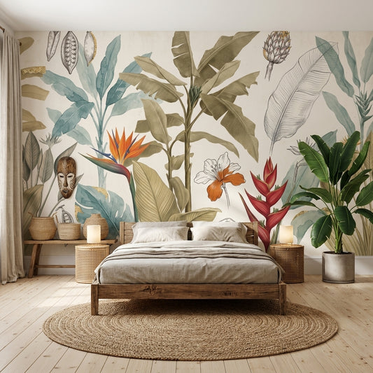 Tropical Botanical Wallpaper Banana Leaves Removable Bird Of Paradise Wall Decor