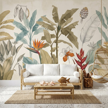 Tropical Botanical Wallpaper Banana Leaves Removable Bird Of Paradise Wall Decor