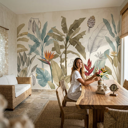 Tropical Botanical Wallpaper Banana Leaves Removable Bird Of Paradise Wall Decor