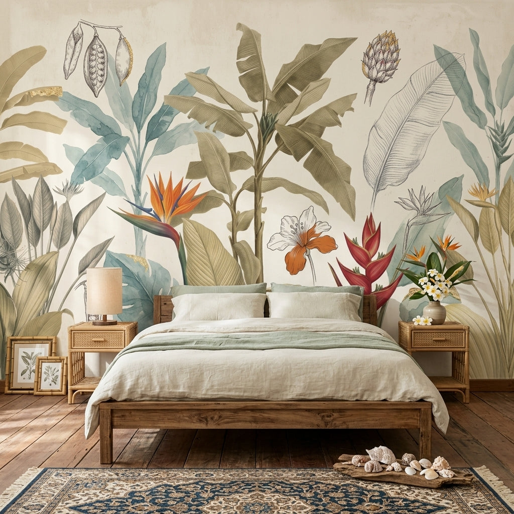 Tropical Botanical Wallpaper Banana Leaves Removable Bird Of Paradise Wall Decor