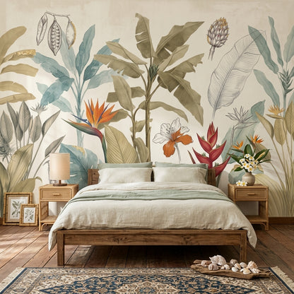 Tropical Botanical Wallpaper Banana Leaves Removable Bird Of Paradise Wall Decor