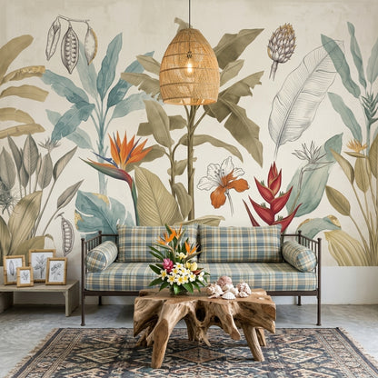 Tropical Botanical Wallpaper Banana Leaves Removable Bird Of Paradise Wall Decor