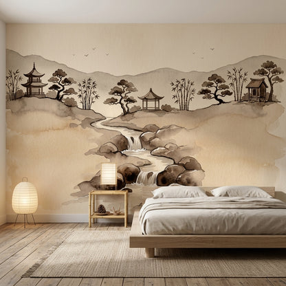 Watercolor Landscape Wallpaper Asian Ink Wash Pagoda Pavilion Removable Wall Decor