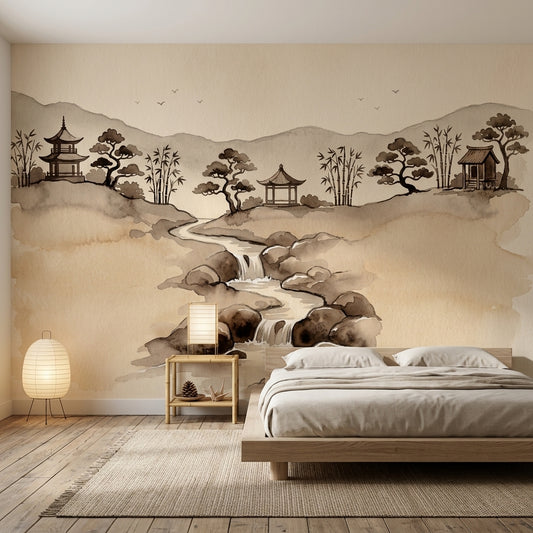 Watercolor Landscape Wallpaper Asian Ink Wash Pagoda Pavilion Removable Wall Decor