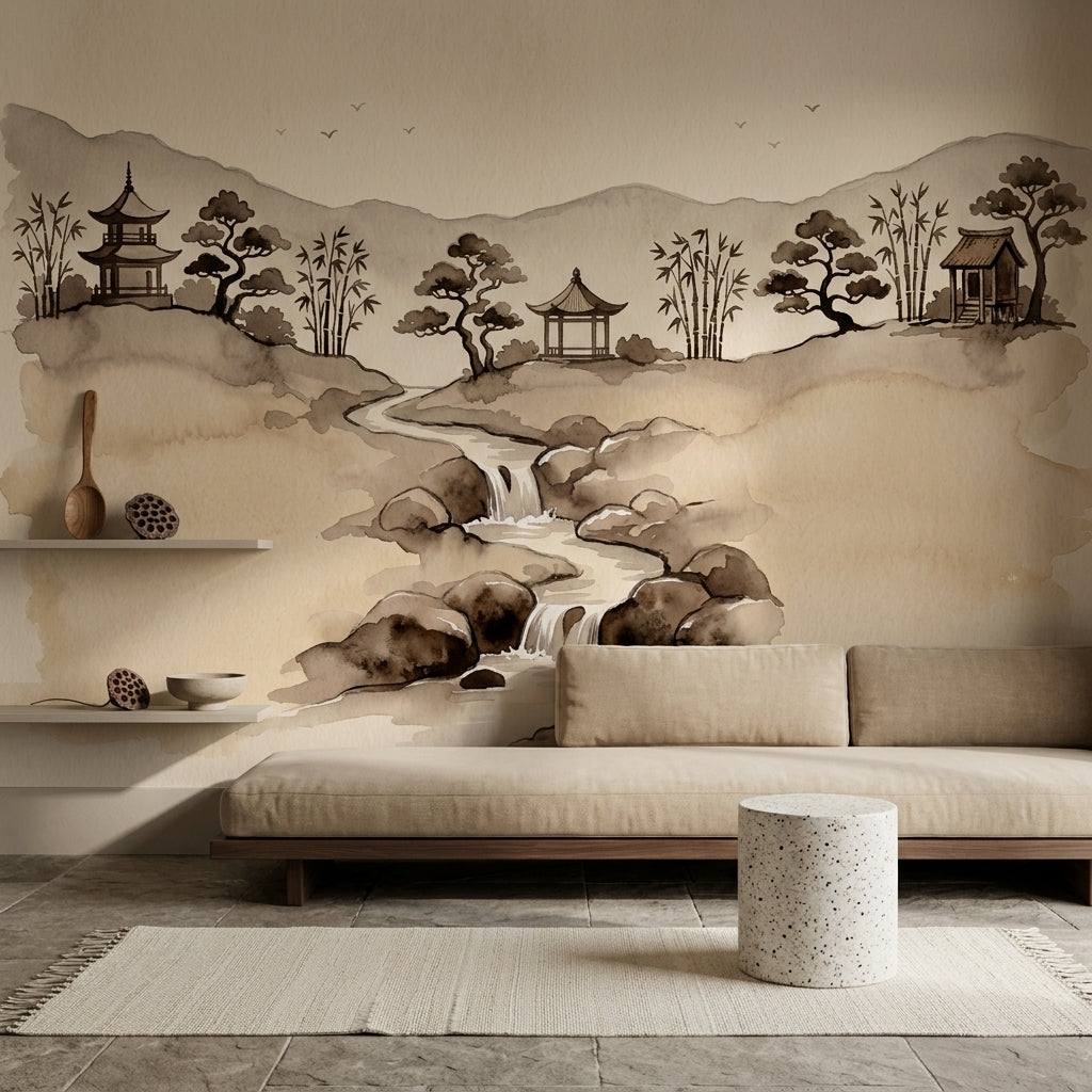 Watercolor Landscape Wallpaper Asian Ink Wash Pagoda Pavilion Removable Wall Decor