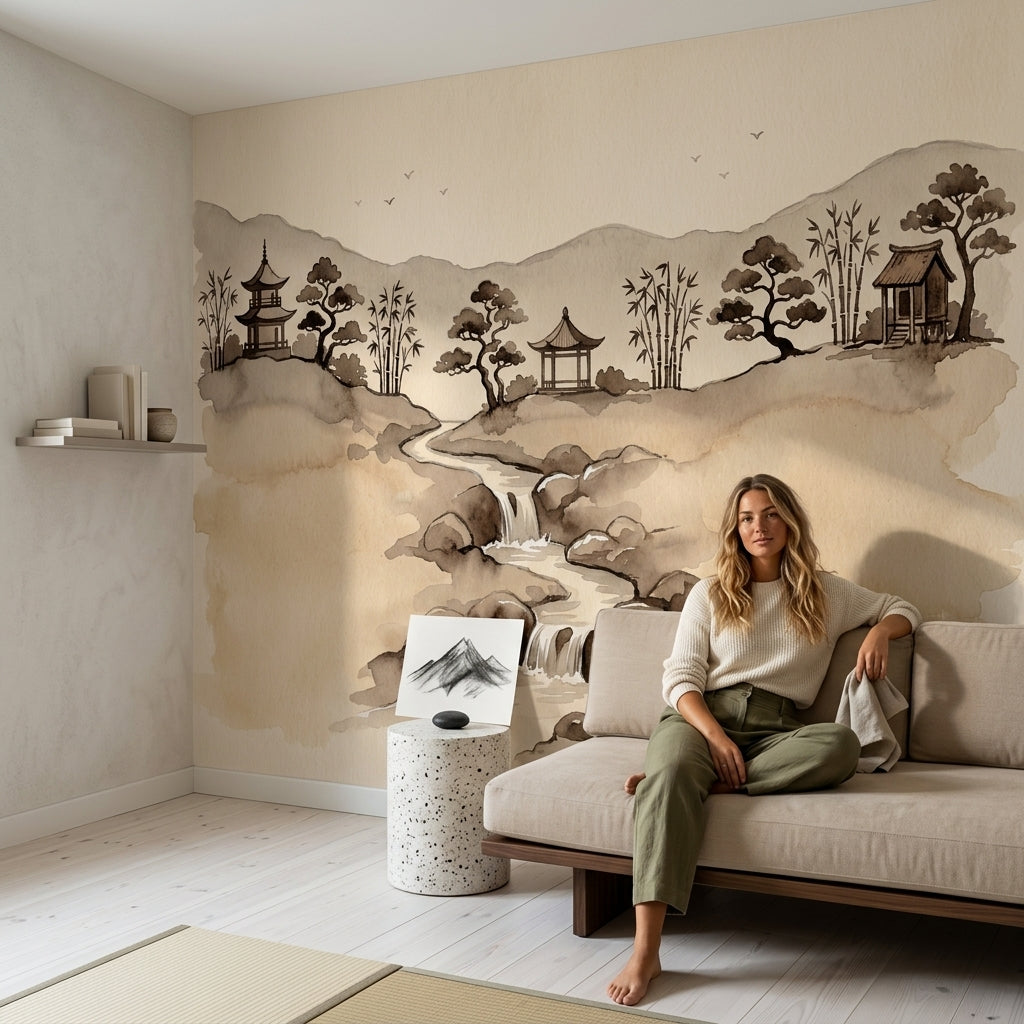 Watercolor Landscape Wallpaper Asian Ink Wash Pagoda Pavilion Removable Wall Decor