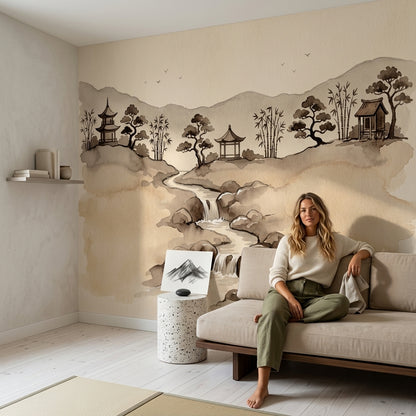 Watercolor Landscape Wallpaper Asian Ink Wash Pagoda Pavilion Removable Wall Decor