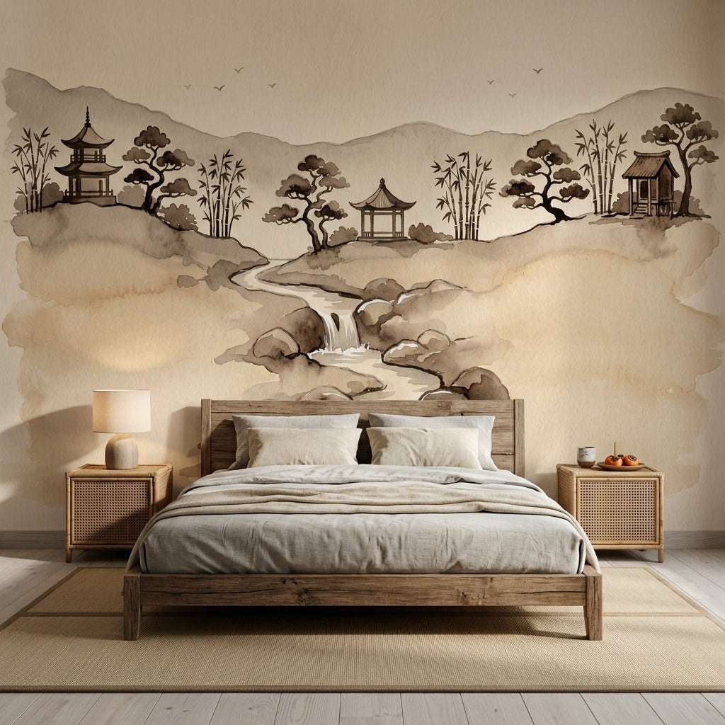 Watercolor Landscape Wallpaper Asian Ink Wash Pagoda Pavilion Removable Wall Decor
