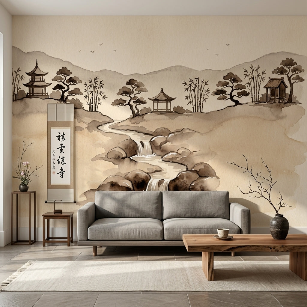 Watercolor Landscape Wallpaper Asian Ink Wash Pagoda Pavilion Removable Wall Decor