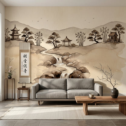 Watercolor Landscape Wallpaper Asian Ink Wash Pagoda Pavilion Removable Wall Decor
