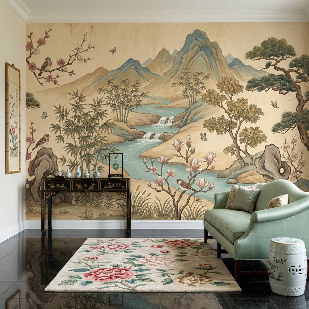 East Asian Landscape Wallpaper Mountains Removable River Wall Decor