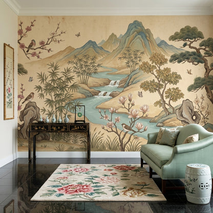 East Asian Landscape Wallpaper Mountains Removable River Wall Decor