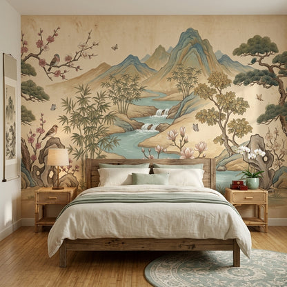 East Asian Landscape Wallpaper Mountains Removable River Wall Decor