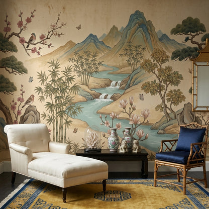 East Asian Landscape Wallpaper Mountains Removable River Wall Decor