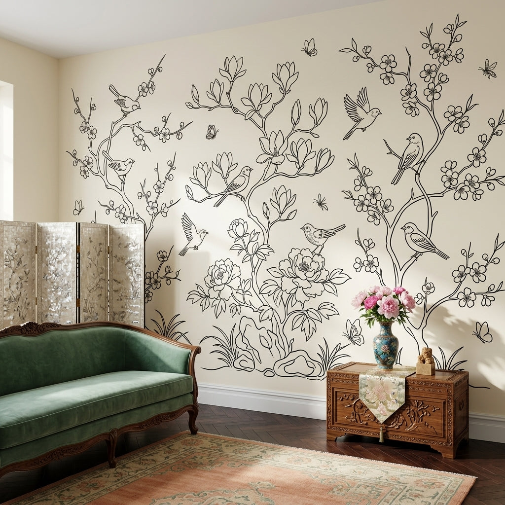 Floral Branches Wallpaper Birds Blossoms Removable Wall Decor