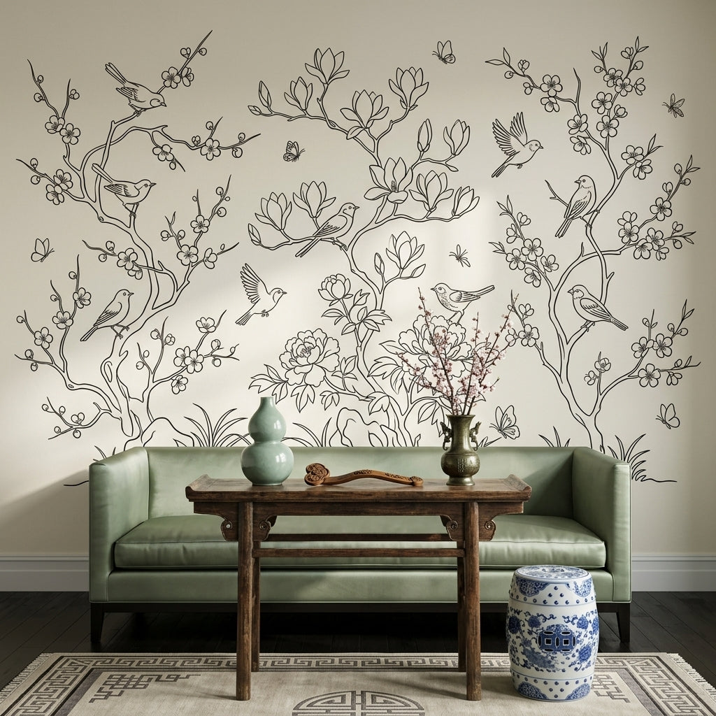 Floral Branches Wallpaper Birds Blossoms Removable Wall Decor