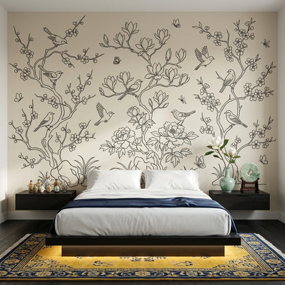 Floral Branches Wallpaper Birds Blossoms Removable Wall Decor