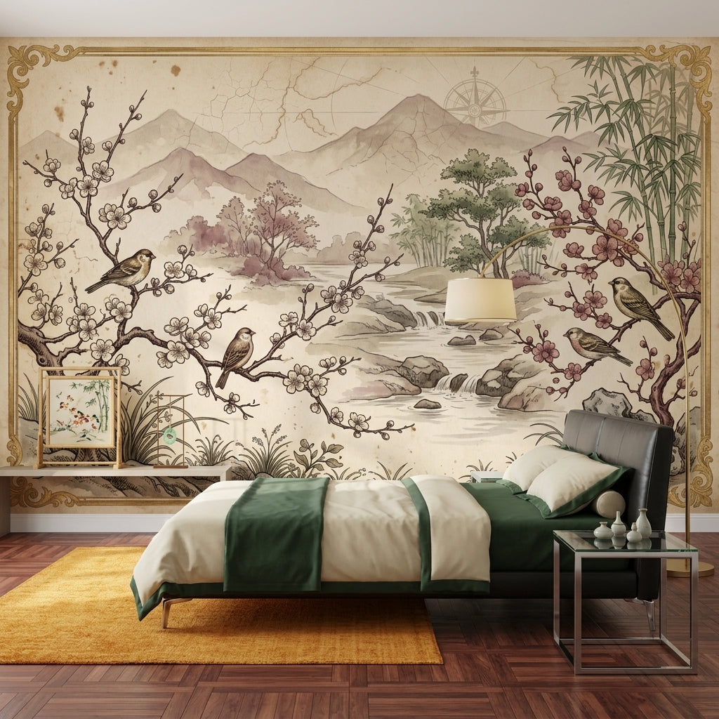 Asian Landscape Wallpaper Parchment Cherry Blossoms Wall Mural