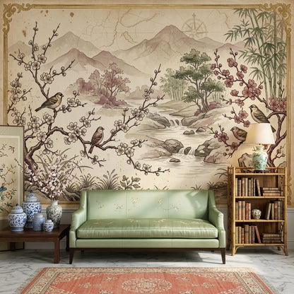Asian Landscape Wallpaper Parchment Cherry Blossoms Wall Mural