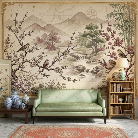 Asian Landscape Wallpaper Parchment Cherry Blossoms Wall Mural