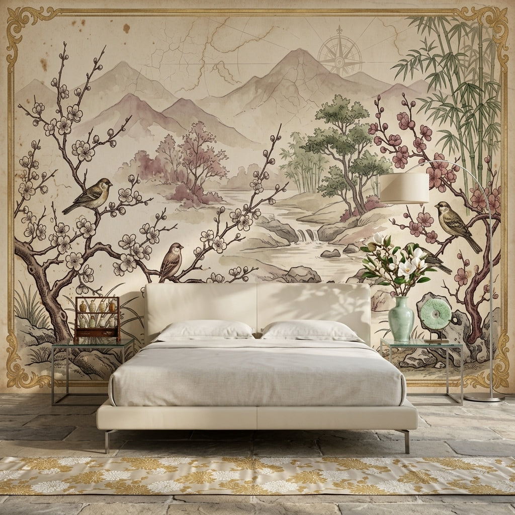 Asian Landscape Wallpaper Parchment Cherry Blossoms Wall Mural