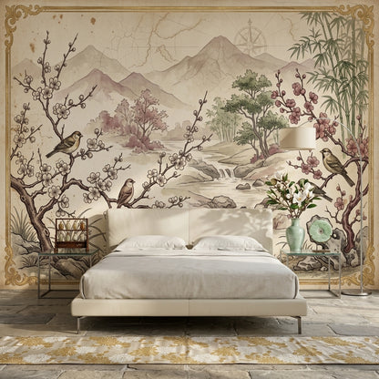 Asian Landscape Wallpaper Parchment Cherry Blossoms Wall Mural