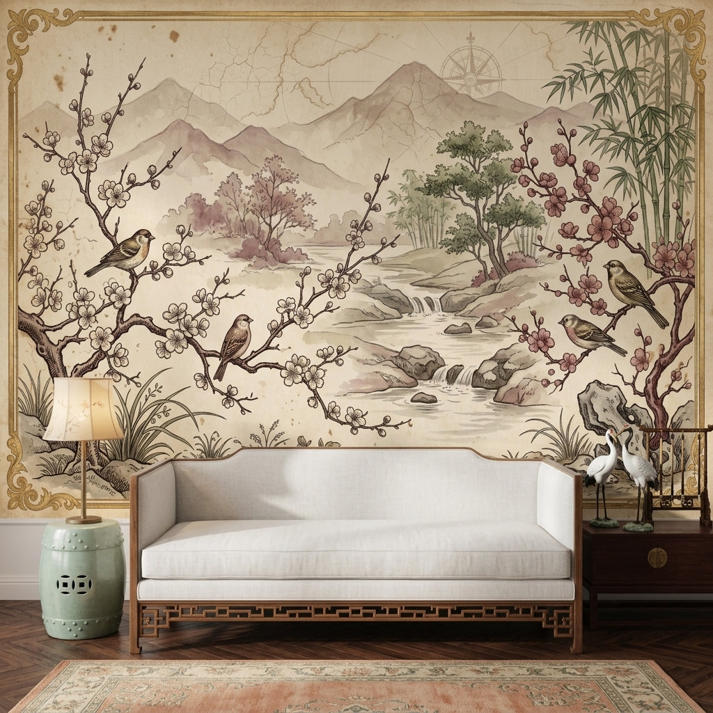 Asian Landscape Wallpaper Parchment Cherry Blossoms Wall Mural
