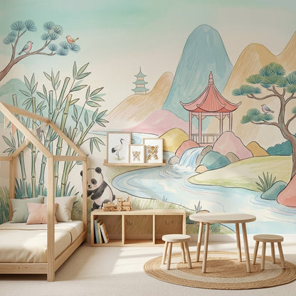 Asian Landscape Wallpaper Panda Removable Watercolor Wall Decor