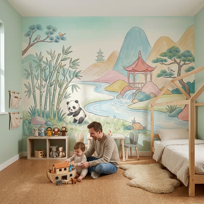 Asian Landscape Wallpaper Panda Removable Watercolor Wall Decor