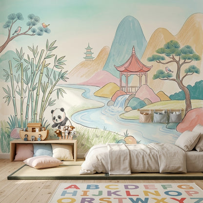 Asian Landscape Wallpaper Panda Removable Watercolor Wall Decor