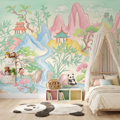 Pastel Landscape Wallpaper Oriental Chinoiserie Pagoda Pavilion Removable Wall Decor