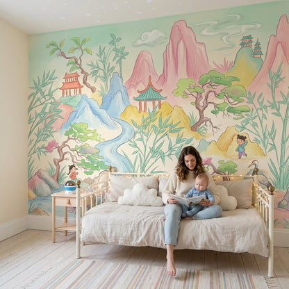 Pastel Landscape Wallpaper Oriental Chinoiserie Pagoda Pavilion Removable Wall Decor